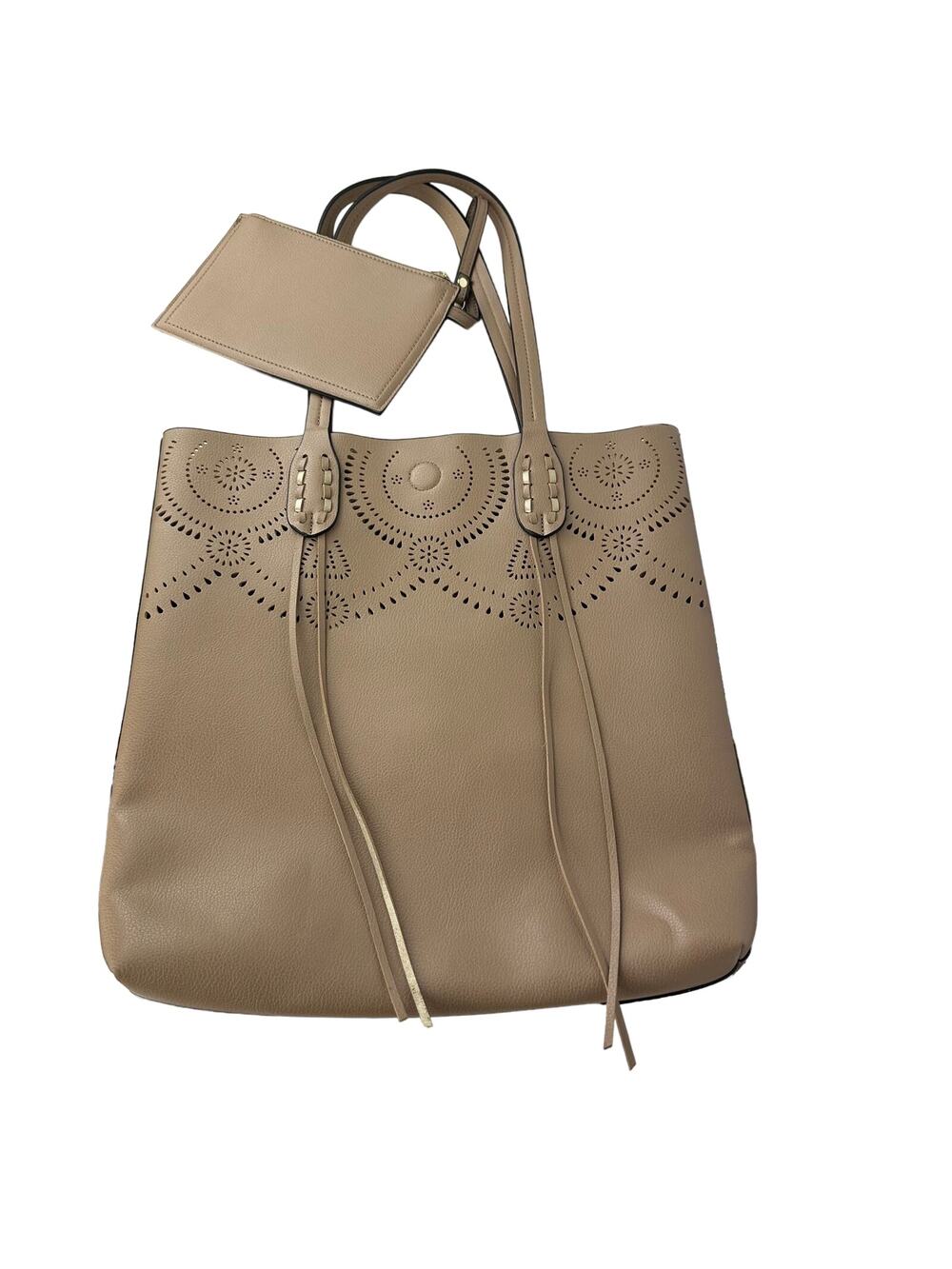 Mellow World Womens Laser Cut Detail Boho Beige Vegan Leather Large Tote Bag